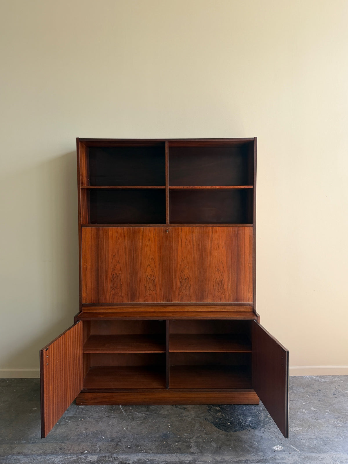 Danish rosewood bookcase cabinet with drop down bar