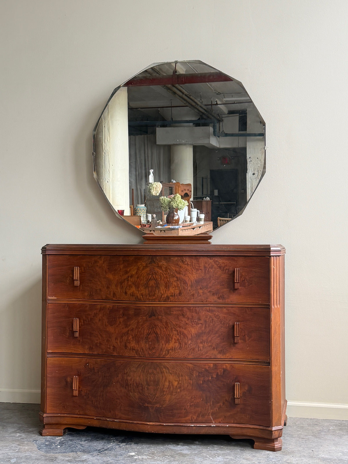 Deco walnut 3 drawer dresser with mirror