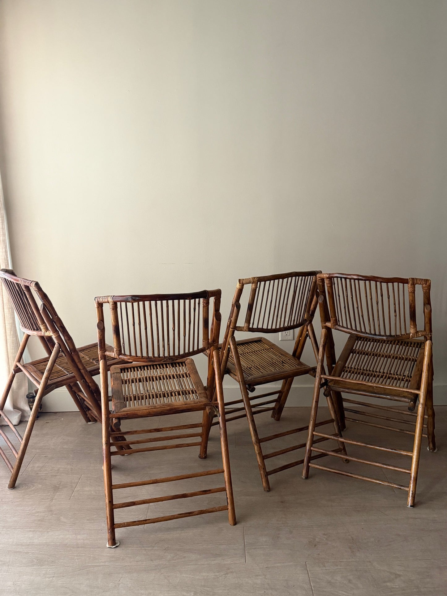 Rattan & pencil reed folding chairs. Sold in pairs.