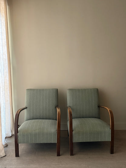 Fritz Hansen Danish Deco striped blue lounge chairs. Sold individually.