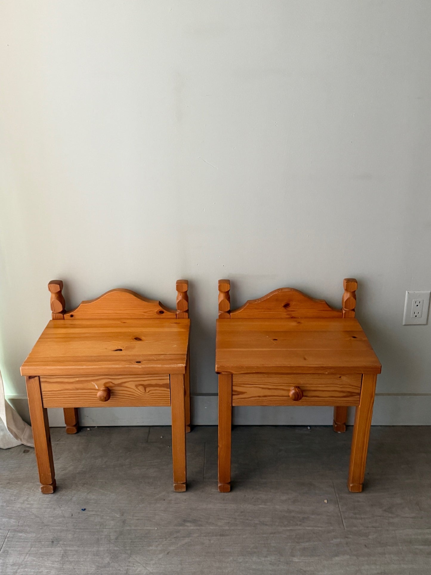 Scandinavian pine nightstands. Sold as a pair.