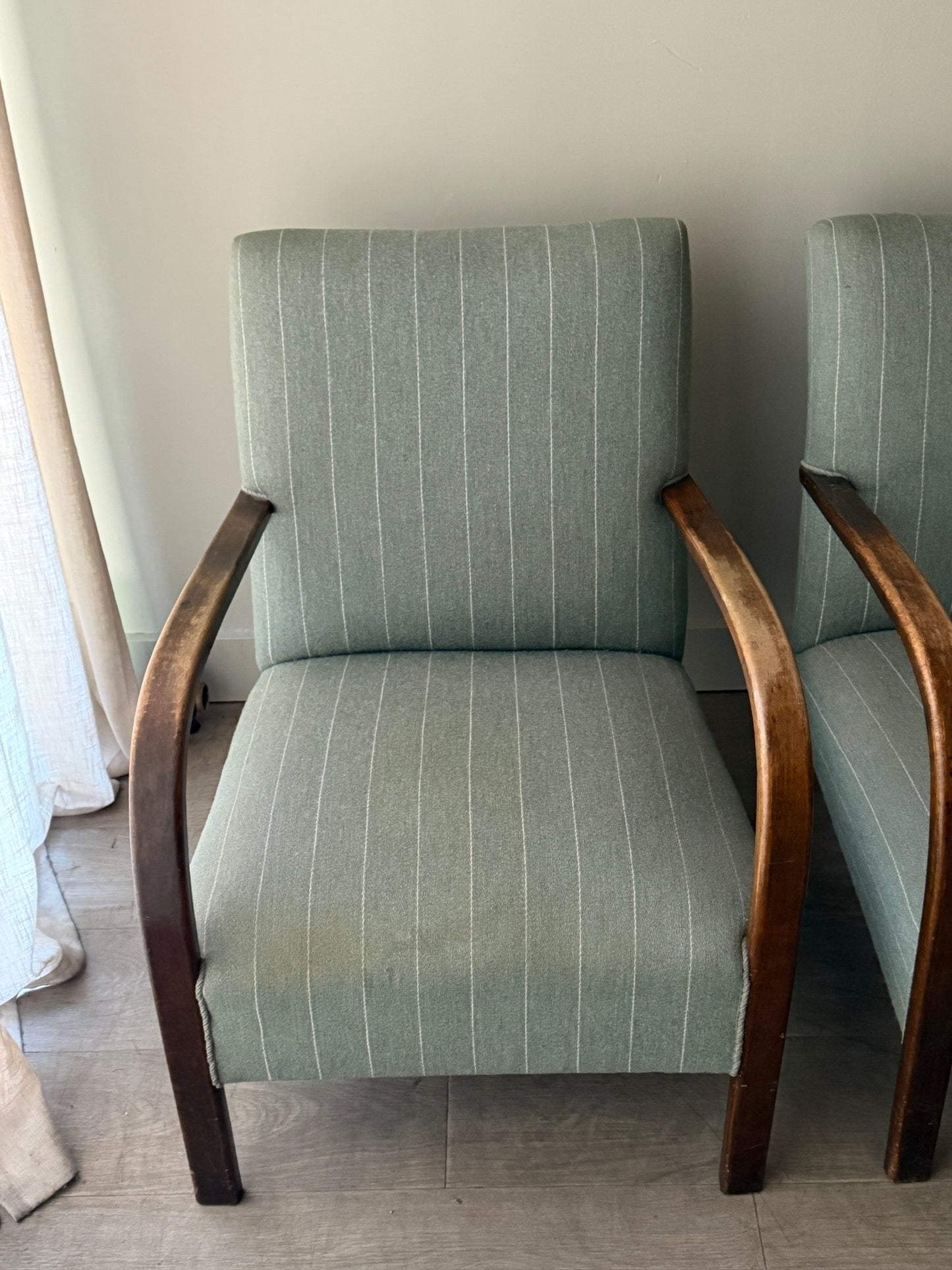 Fritz Hansen Danish Deco striped blue lounge chairs. Sold individually.