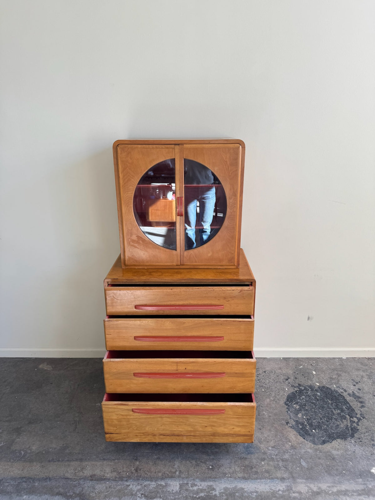 Maple two piece hutch with red painted pulls