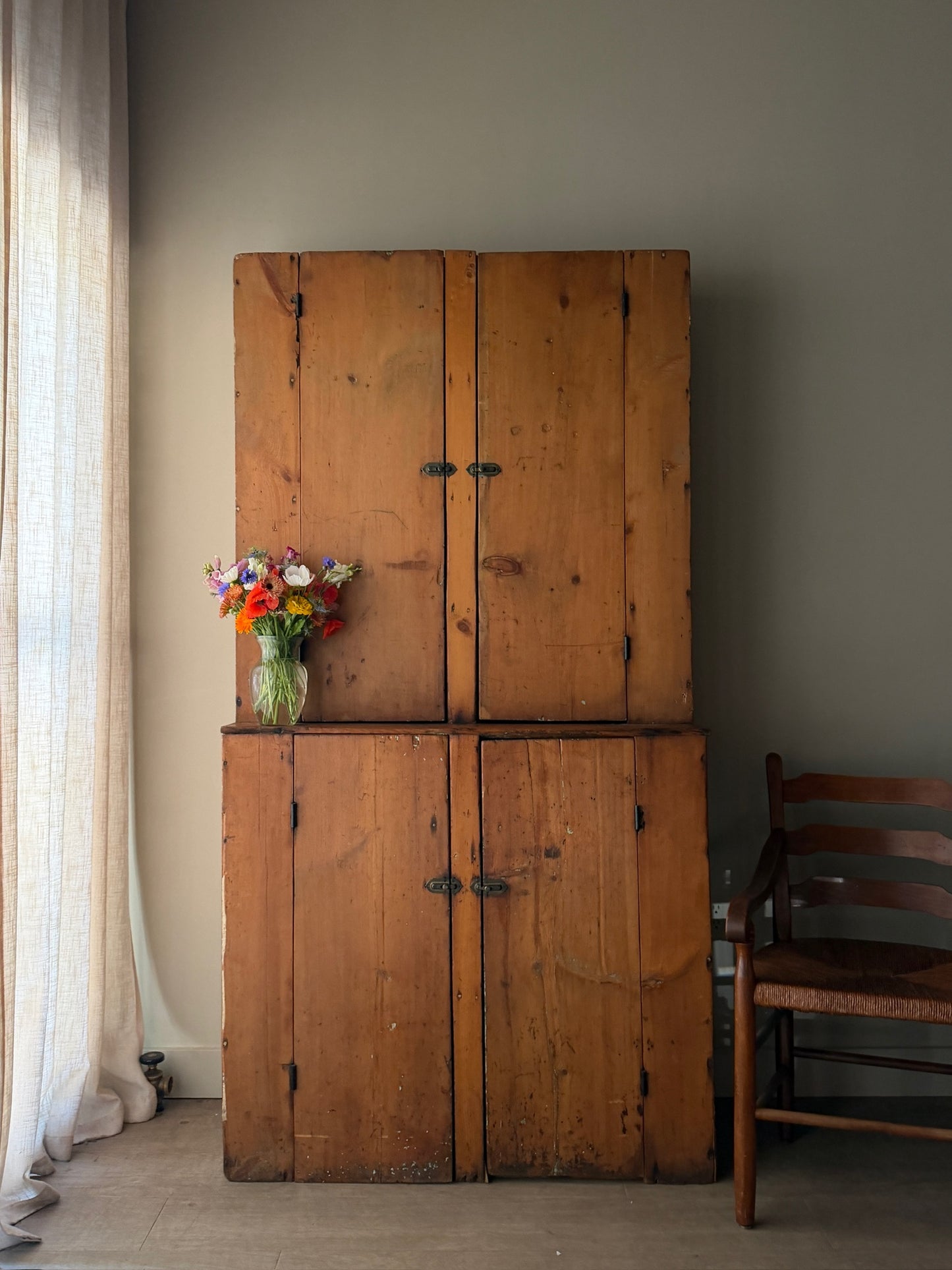 Pine one piece stepback cupboard