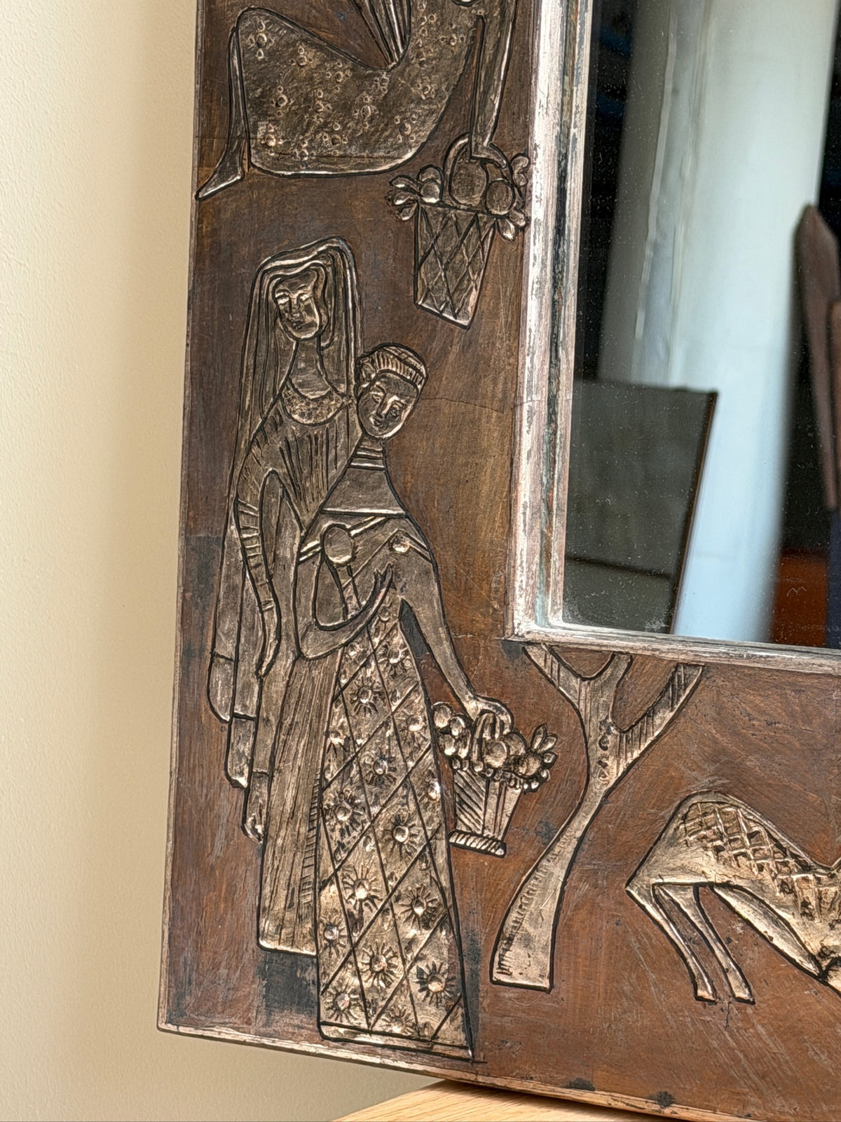 Mexican folk carved silver leaf wooden mirror