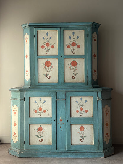 Two piece folk painted Swedish hutch
