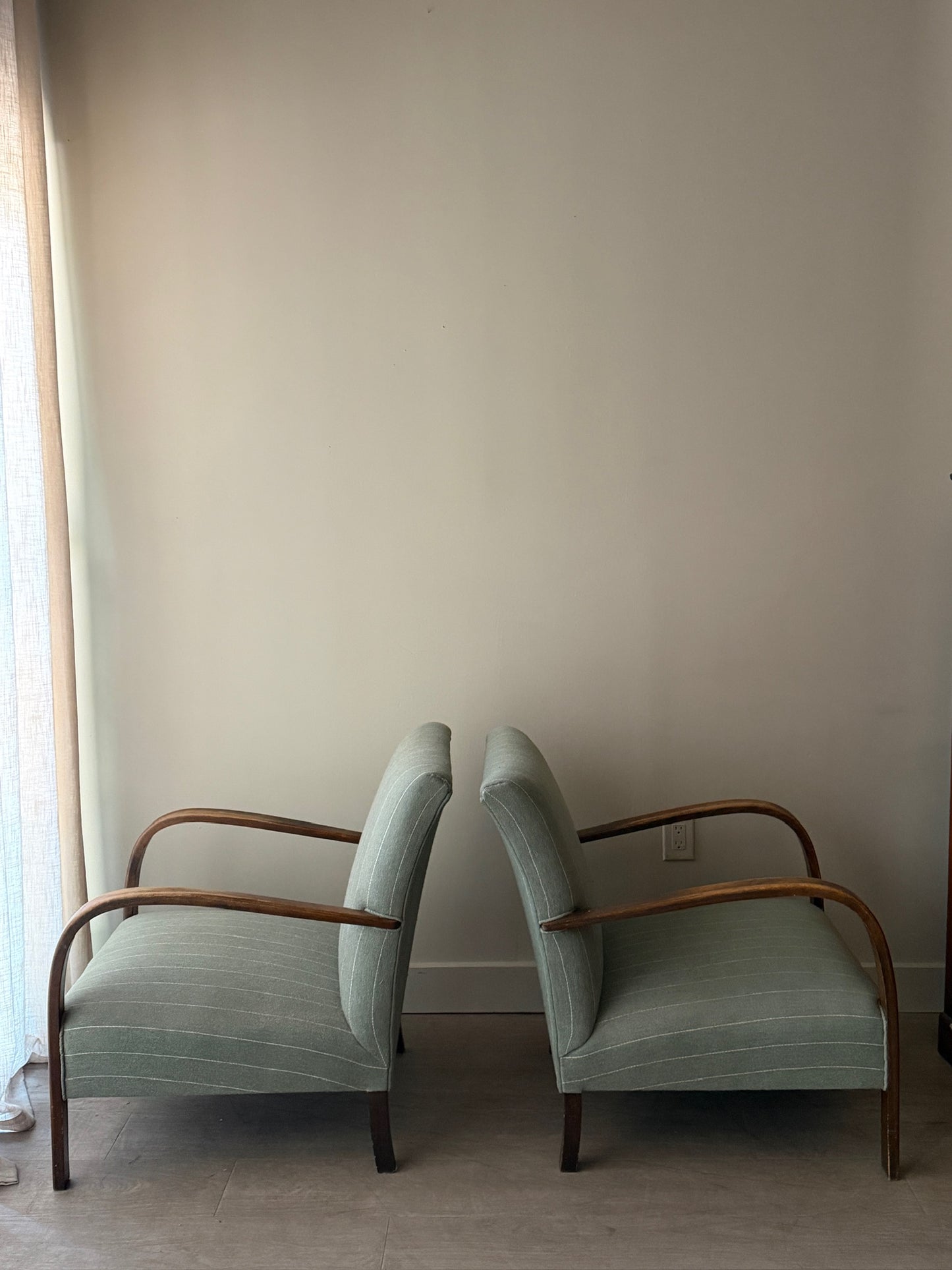 Fritz Hansen Danish Deco striped blue lounge chairs. Sold individually.