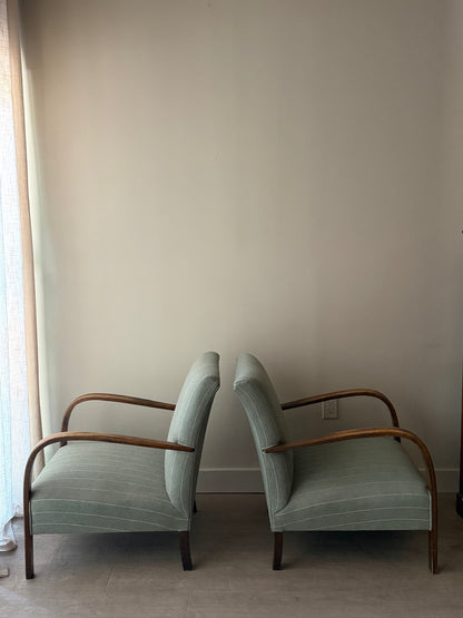 Fritz Hansen Danish Deco striped blue lounge chairs. Sold individually.