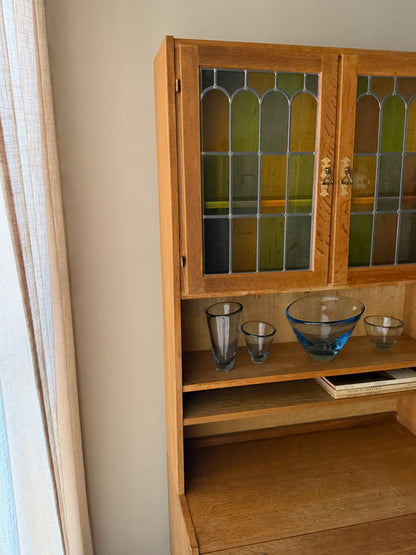 Danish oak & stained glass two piece hutch