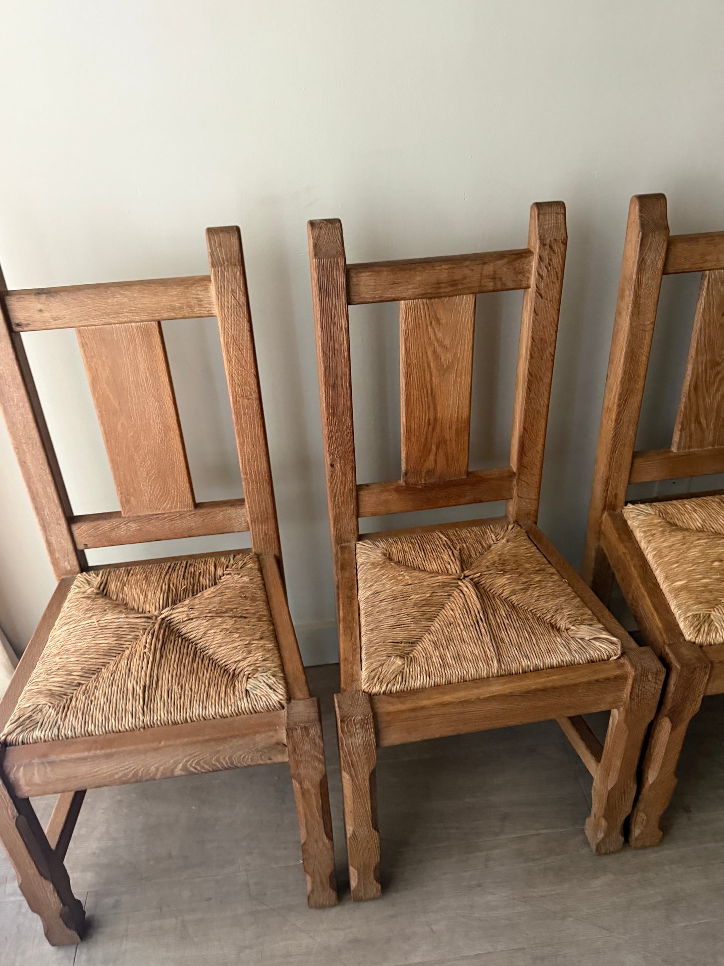 Belgian De Puydt oak & rush dining chair. Sold as a set of 4.