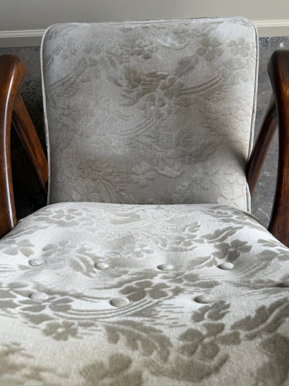 Danish wingback grey floral velvet lounge chairs (left)
