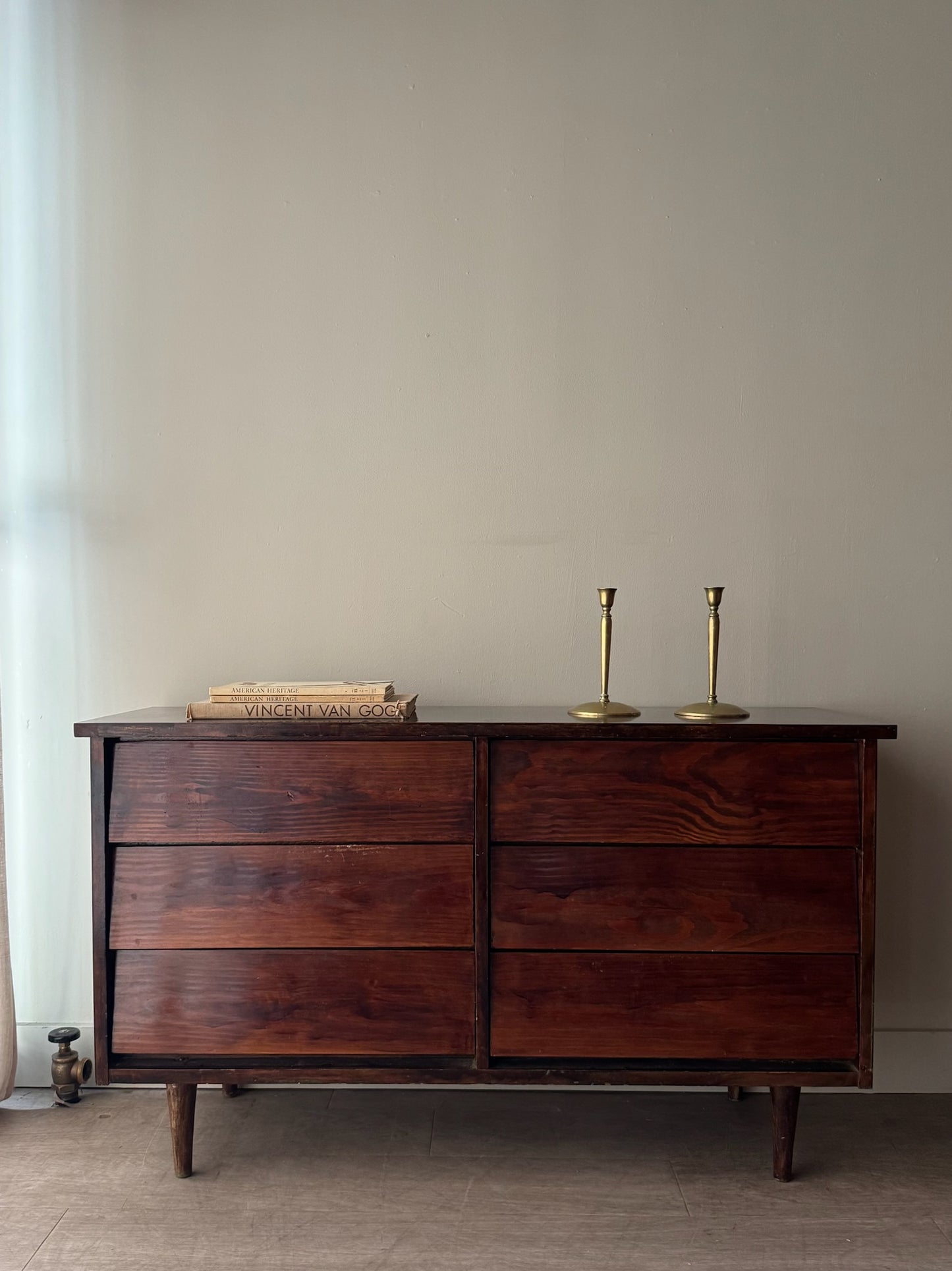 Stained pine 6 drawer dresser