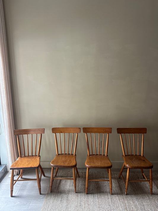 Pine plank seat dining chairs. Sold in pairs.