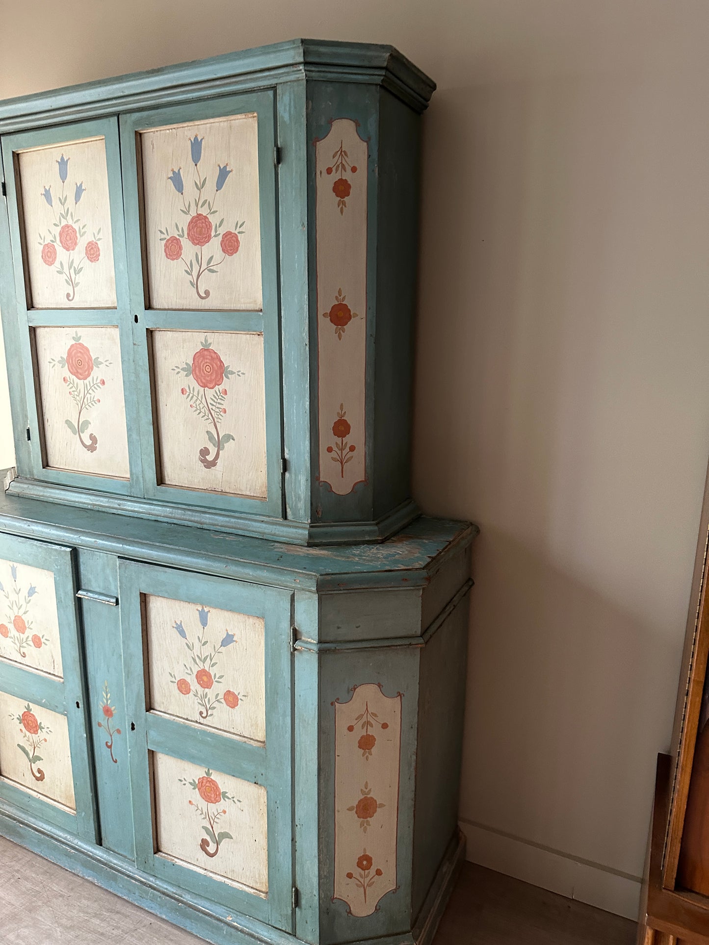 Two piece folk painted Swedish hutch