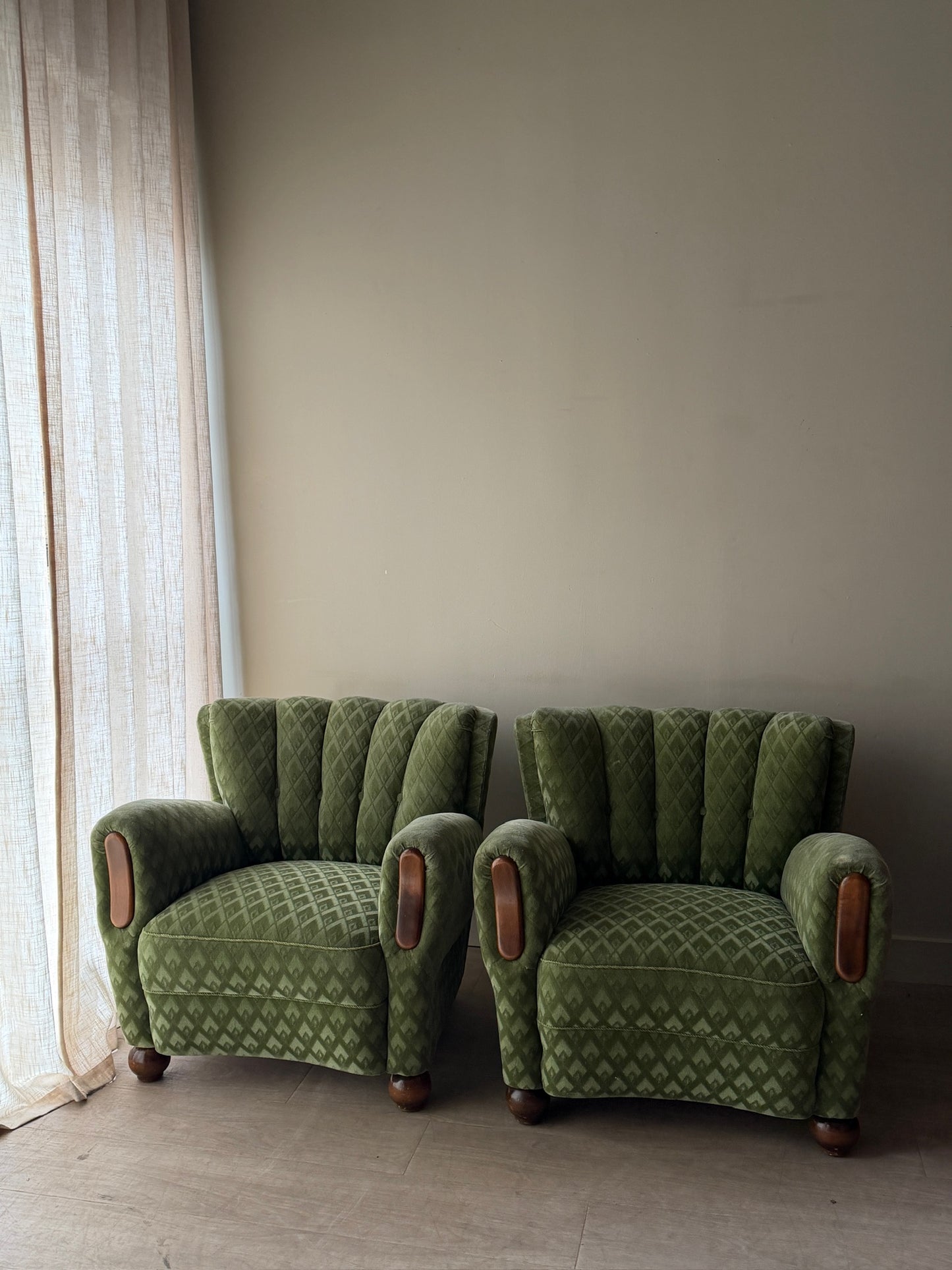 Danish velour club chairs. Sold individually.