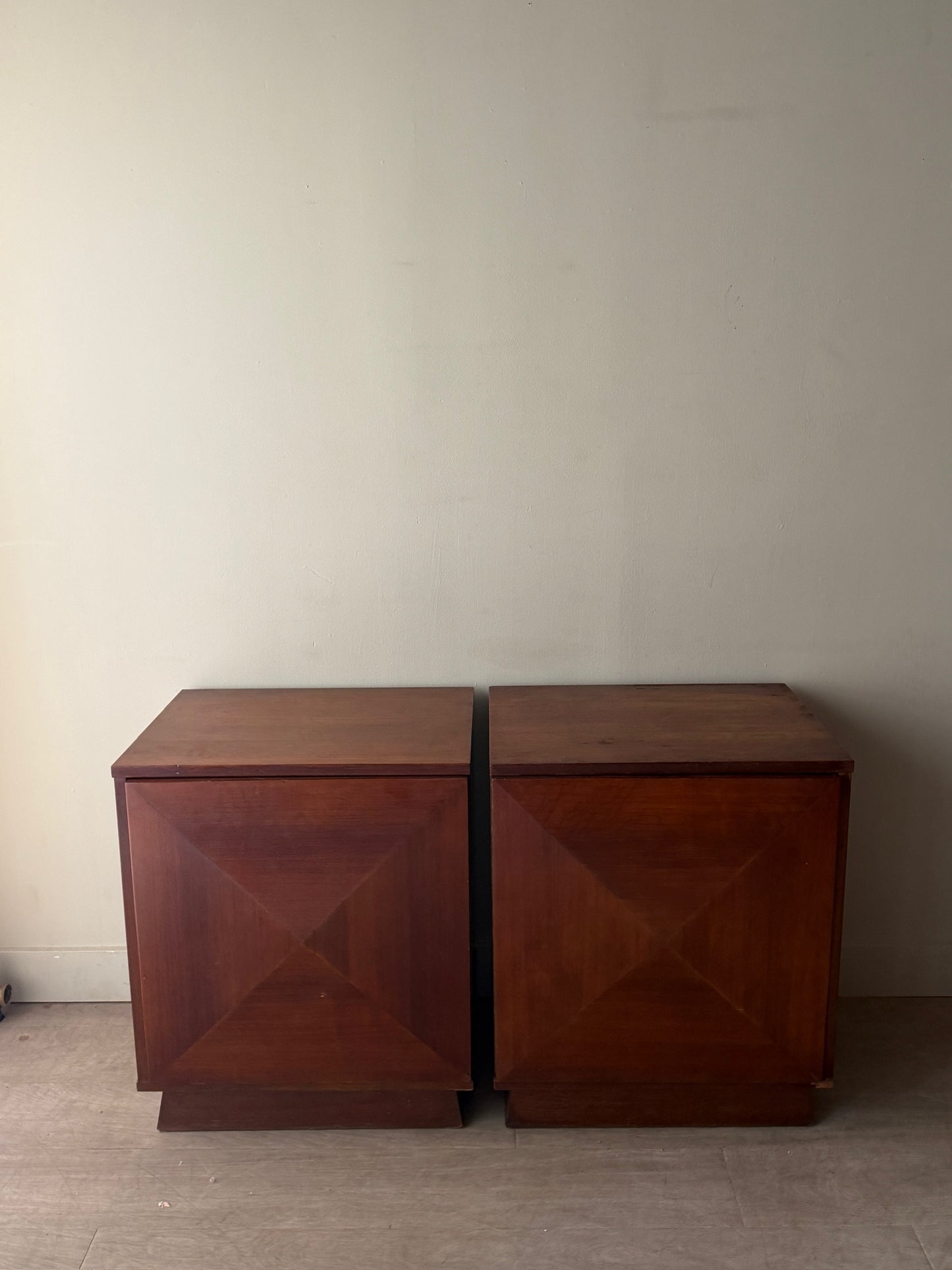 2 walnut diamond panel nightstands. Sold individually.
