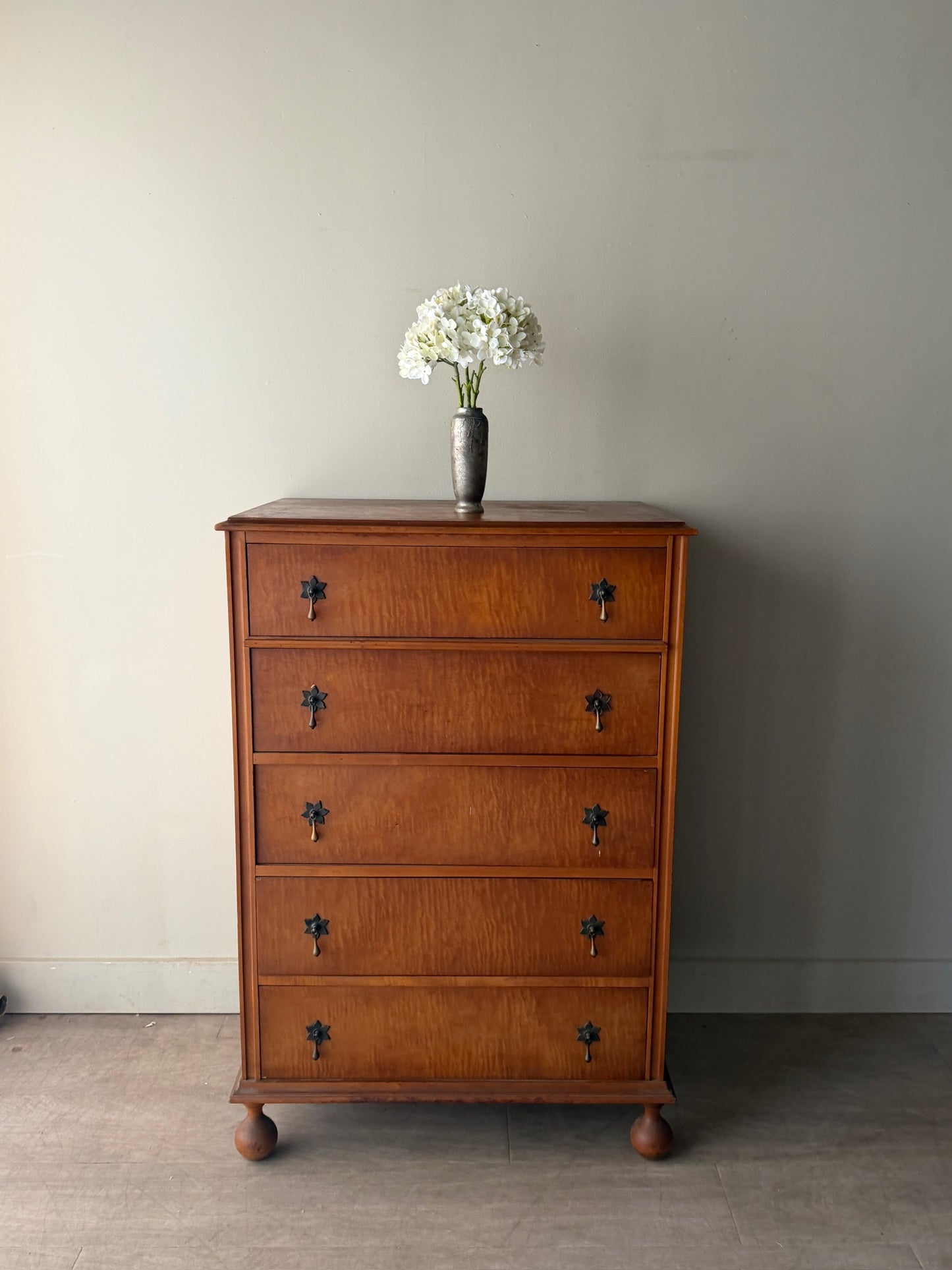 Tiger maple tallboy dresser