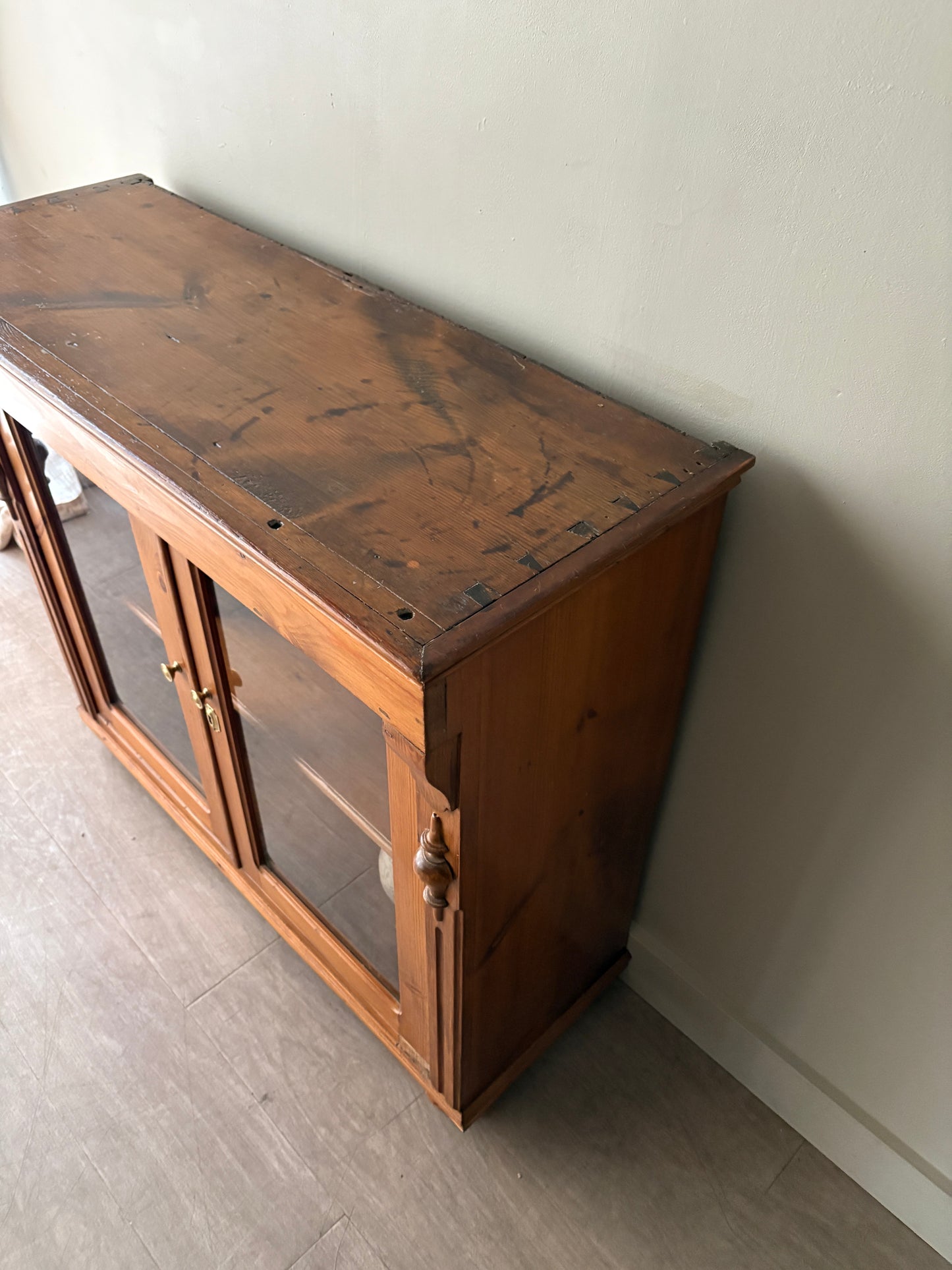 English waxed pine display cabinet