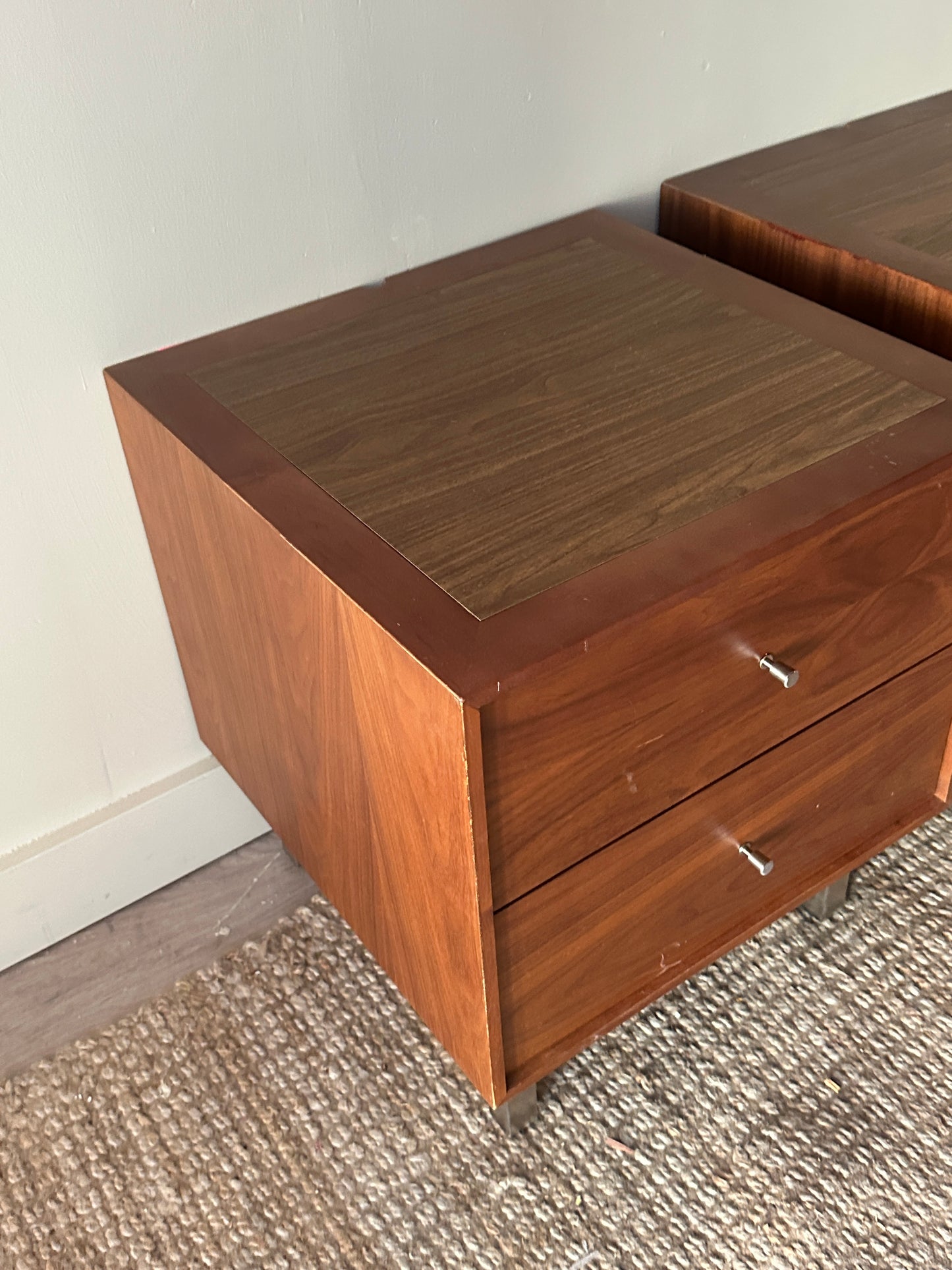 Walnut bedside tables. Sold individually.
