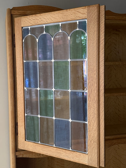 Danish oak & stained glass two piece hutch