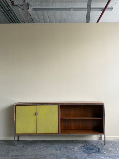 Nichols English bookcase with green vinyl doors