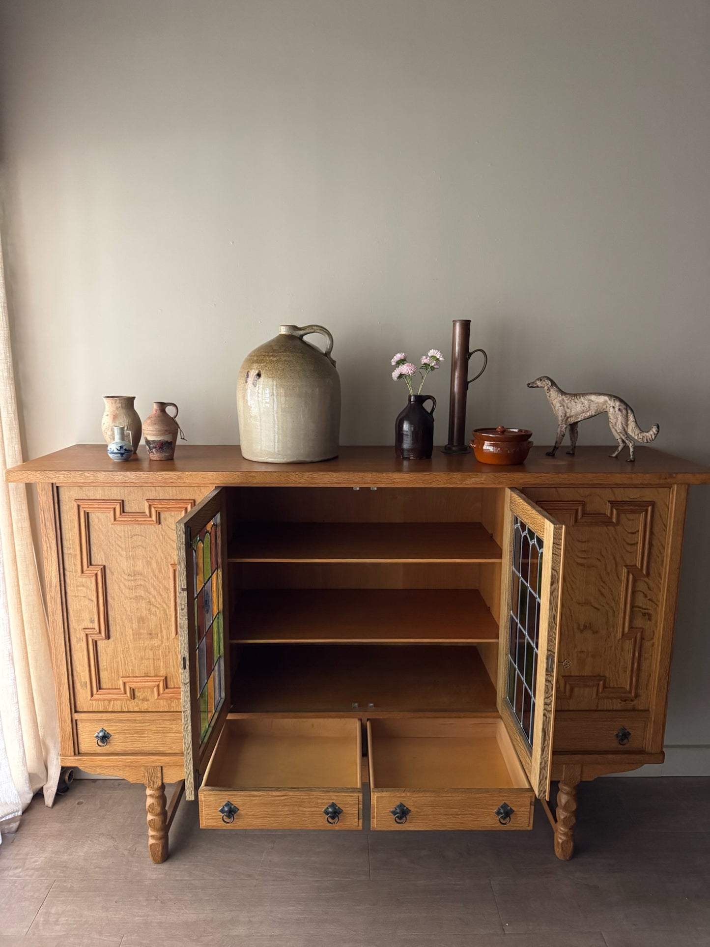 Danish oak sideboard with stained glass doors