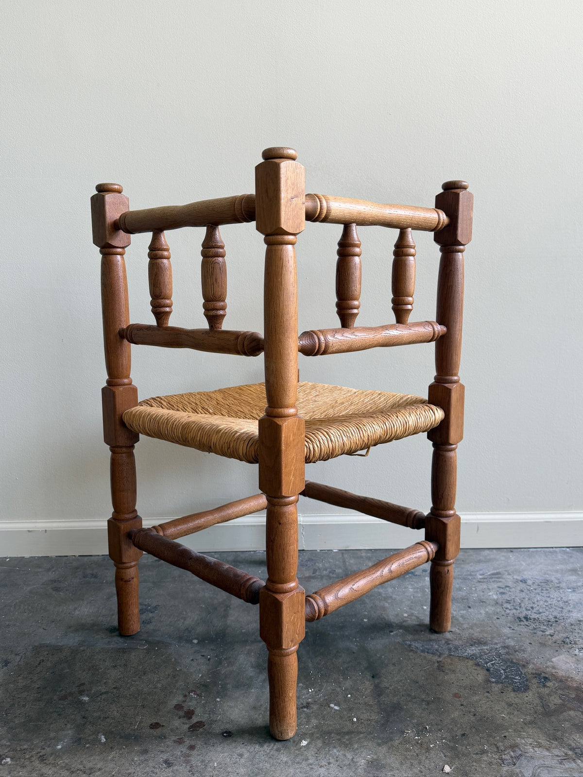 Dutch oak rush seat corner chair