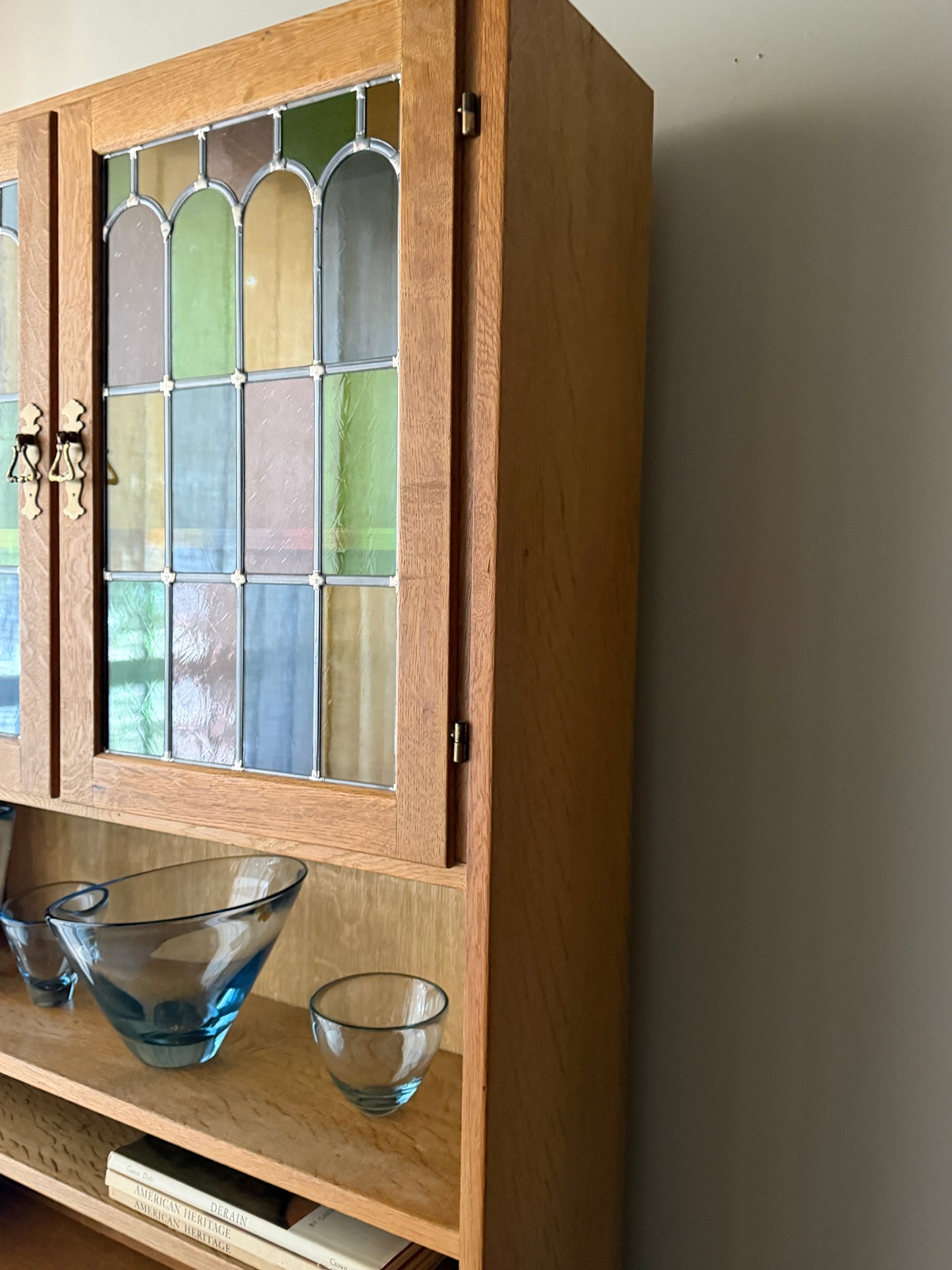 Danish oak & stained glass two piece hutch