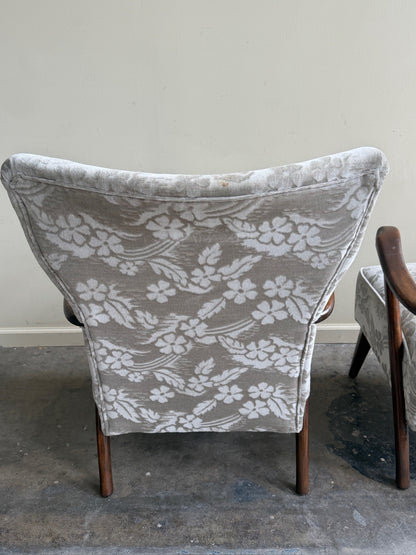 Danish wingback grey floral velvet lounge chairs (left)