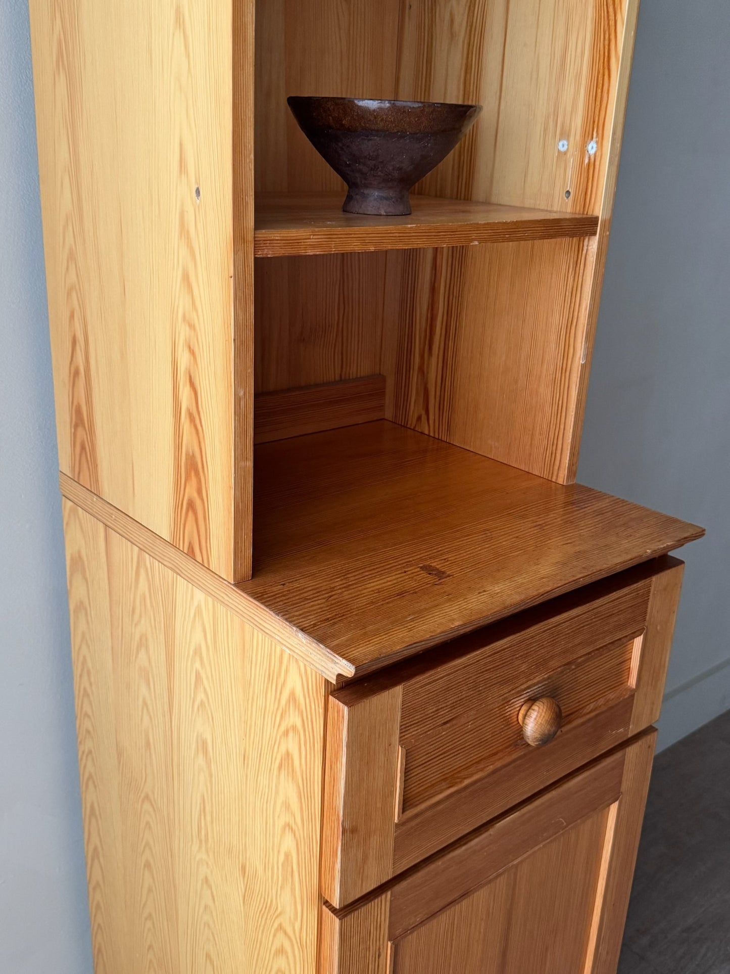 Narrow Scandinavian pine bookcase cabinet