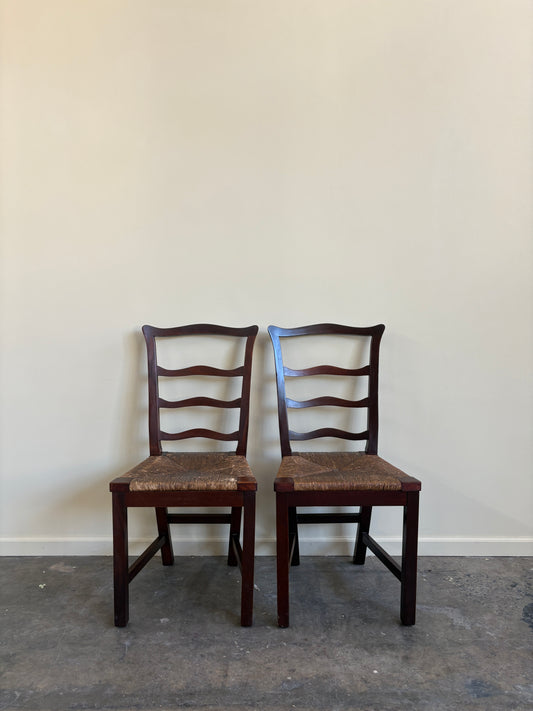 Flint & Horner mahogany rush seat dining chairs. Sold as a pair.