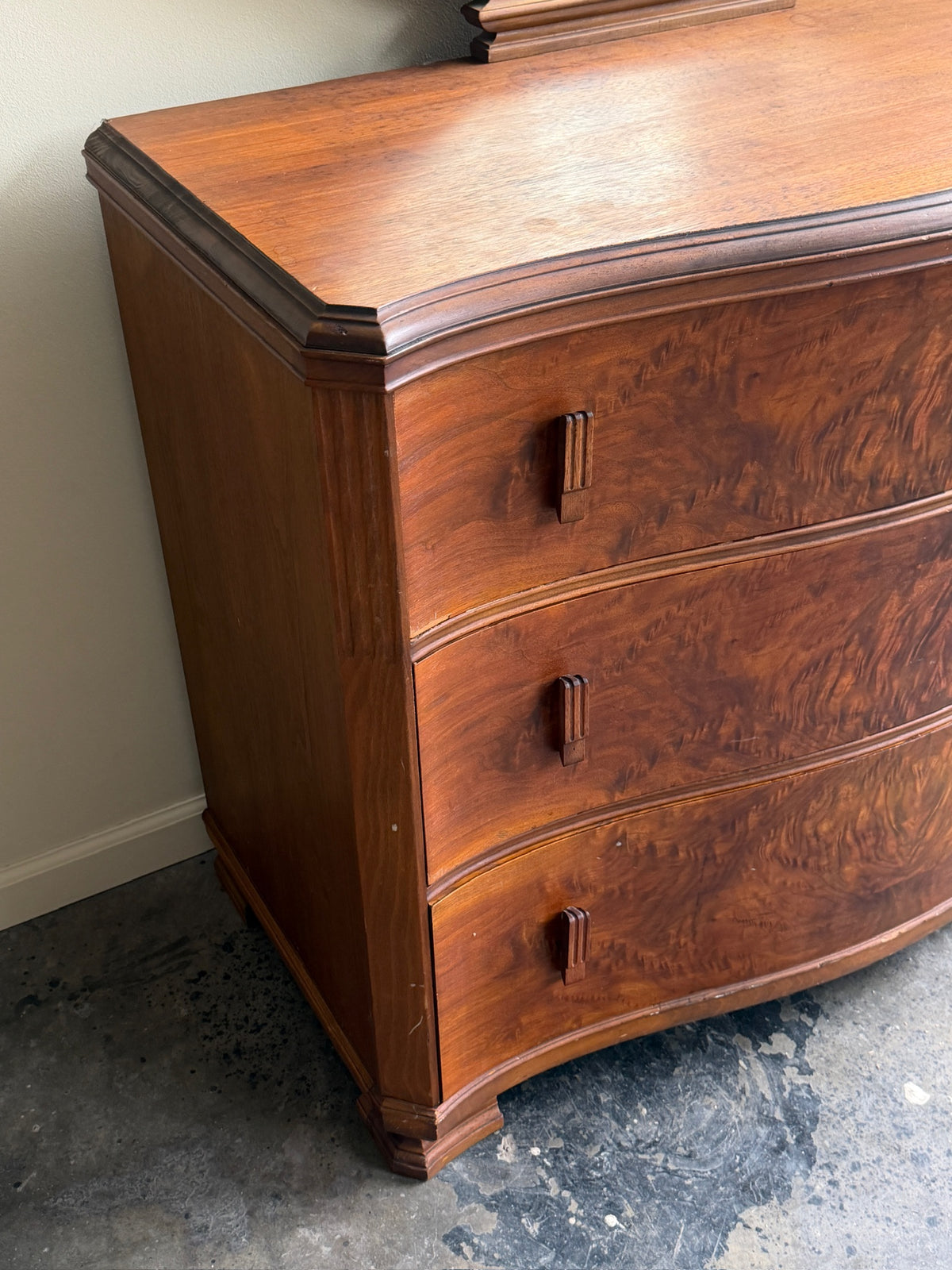 Deco walnut 3 drawer dresser with mirror