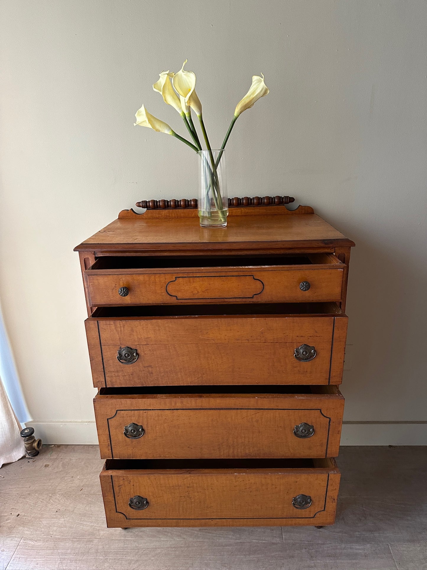 Maple spindle leg tallboy
