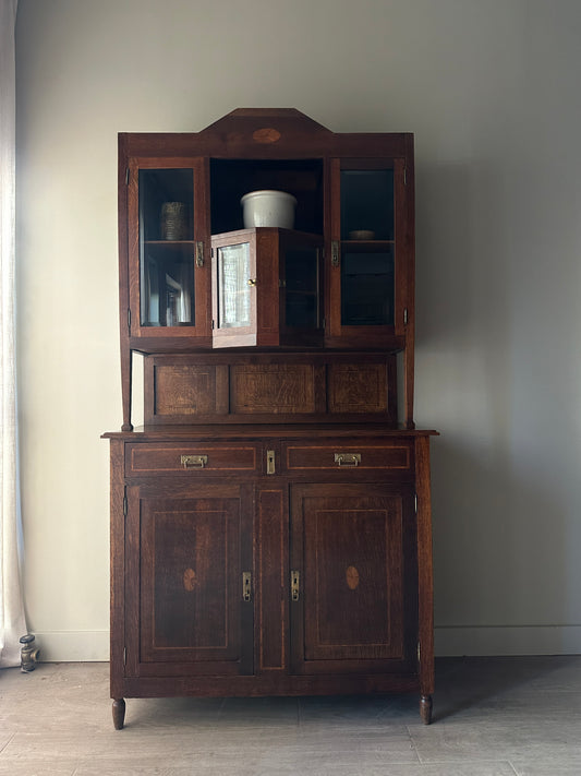 Deco inlaid two piece oak hutch