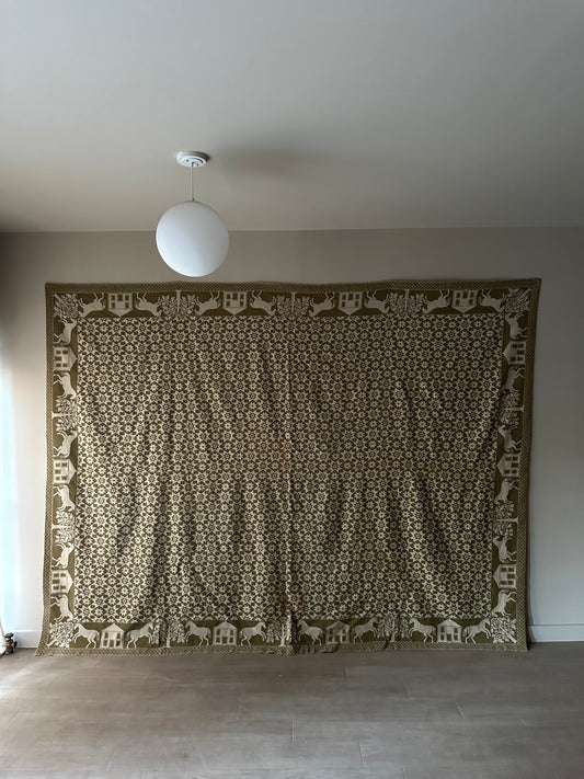 Green and cream hand woven wool coverlet/rug/tapestry