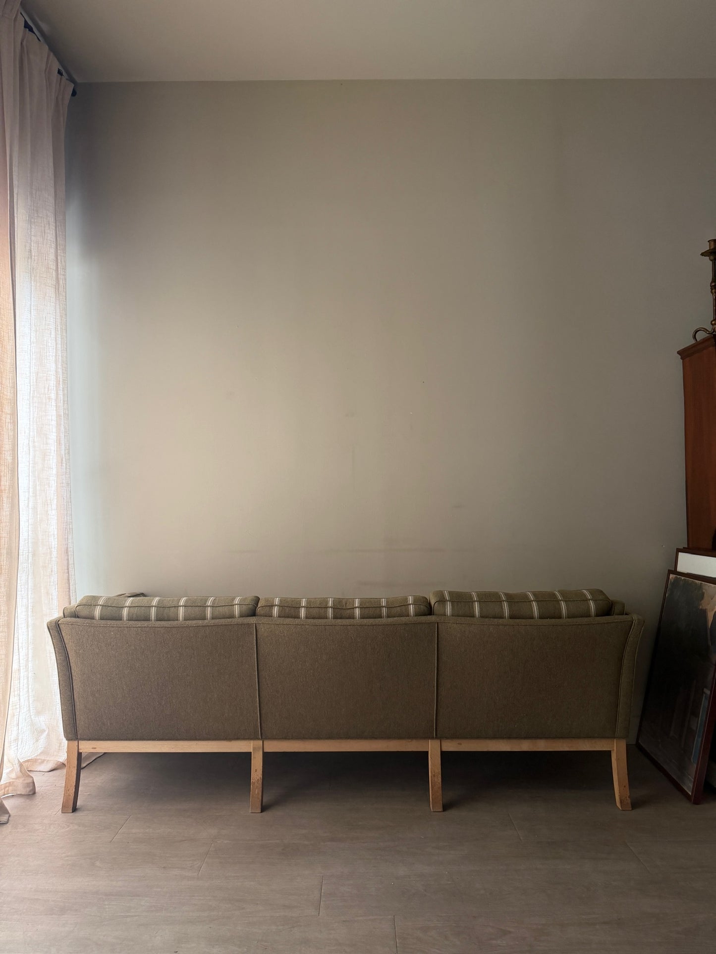 Danish green striped wool & oak sofa