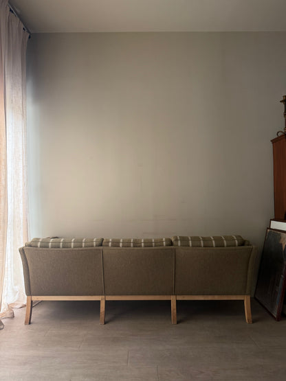 Danish green striped wool & oak sofa