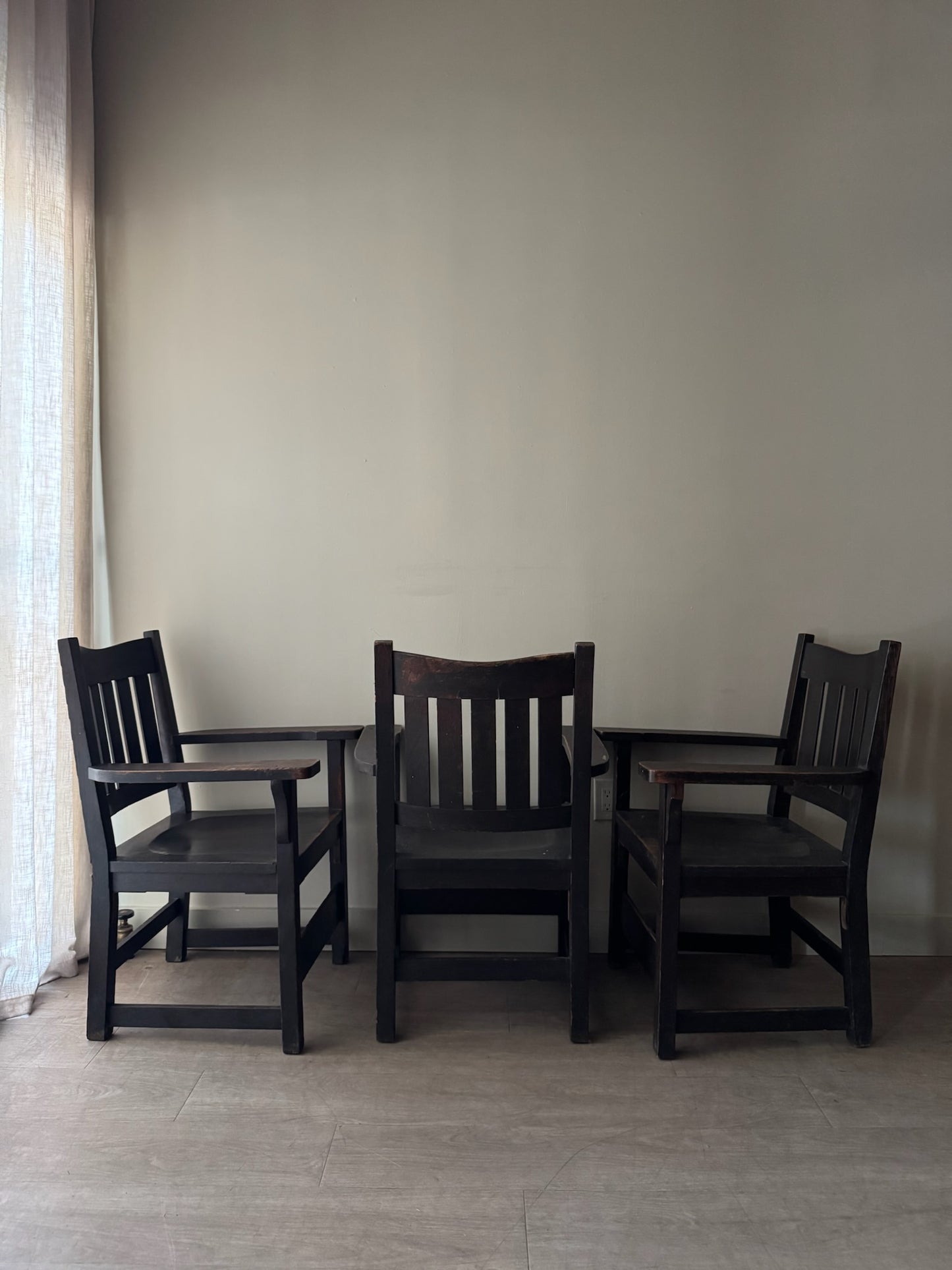 Mission oak arm chairs. Sold individually.