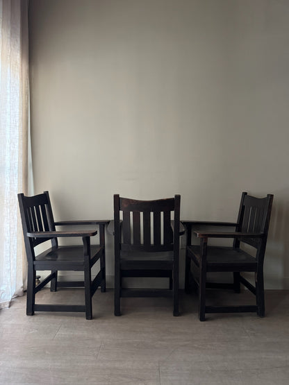 Mission oak arm chairs. Sold individually.