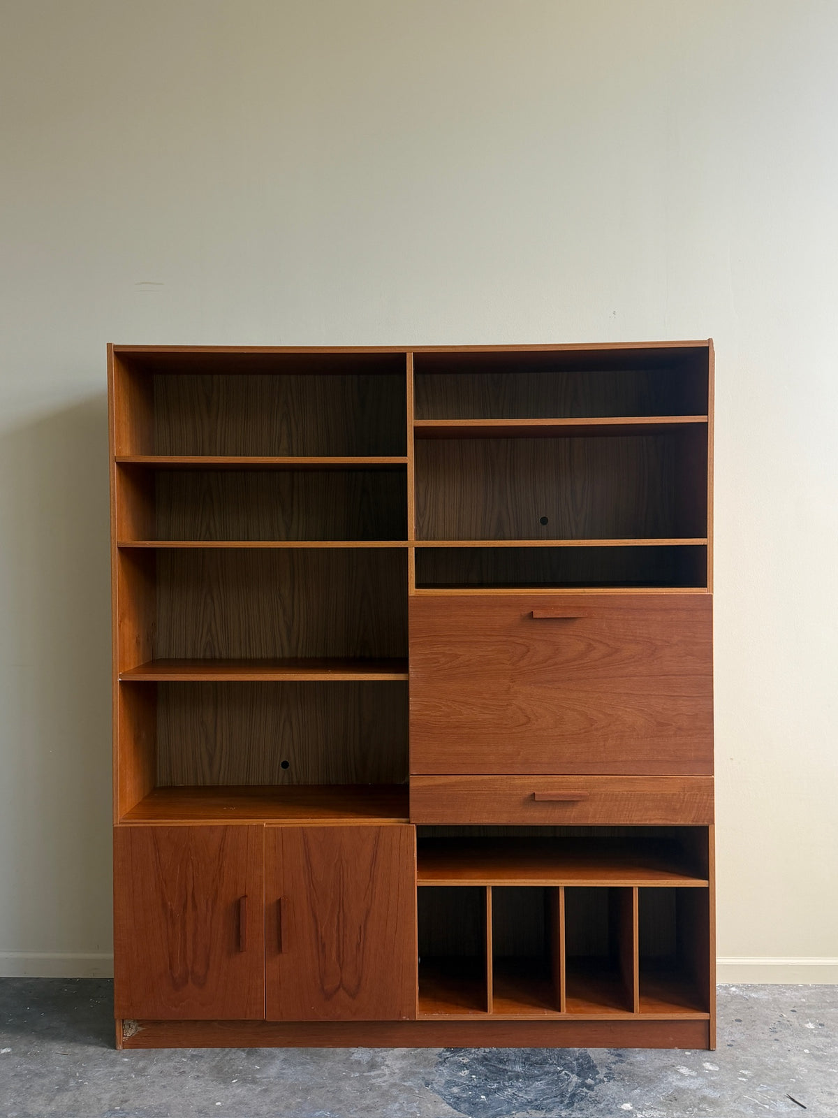 Danish teak shelving unit with drop down desk