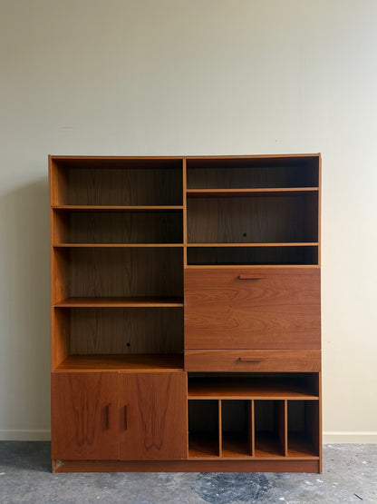 Danish teak shelving unit with drop down desk