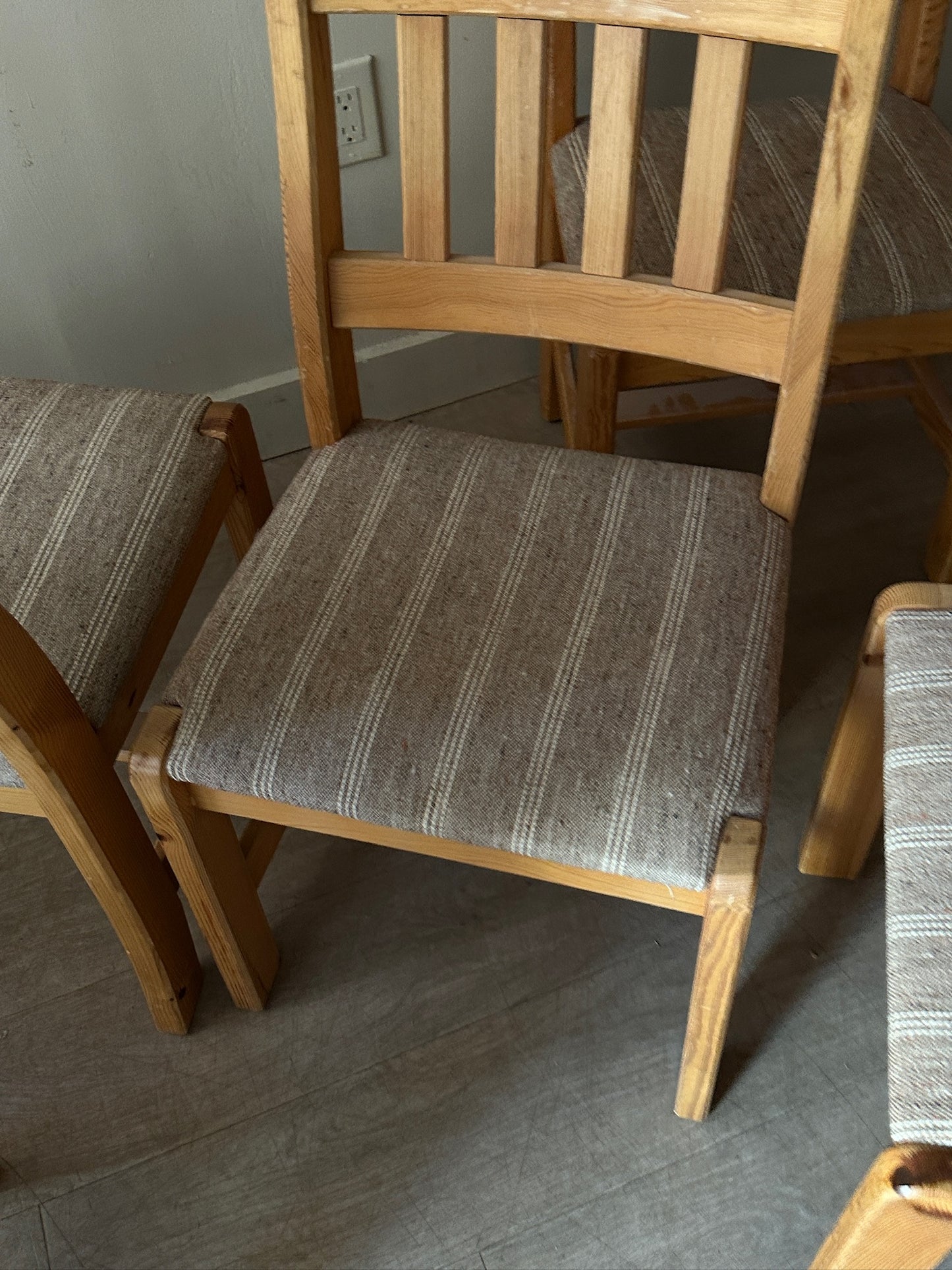 Danish upholstered pine dining chairs. Sets of 2.