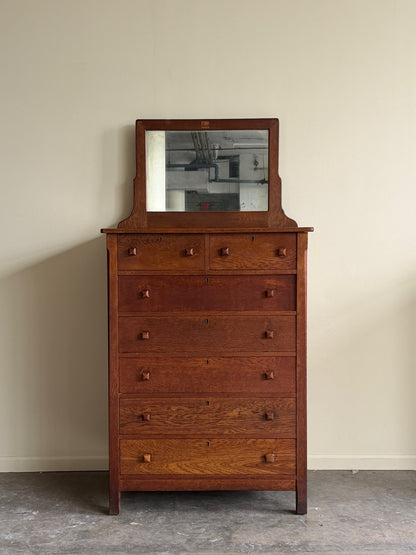 Mission oak tallboy dresser with mirror