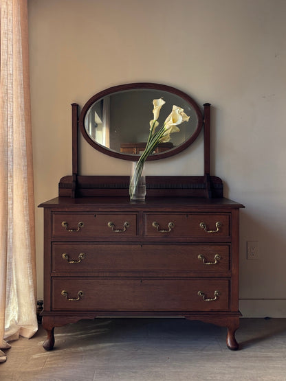 English Queen Anne oak dresser with mirror