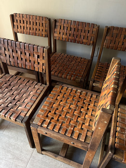 10 Jens Risom style woven leather dining chairs. Sold individually.