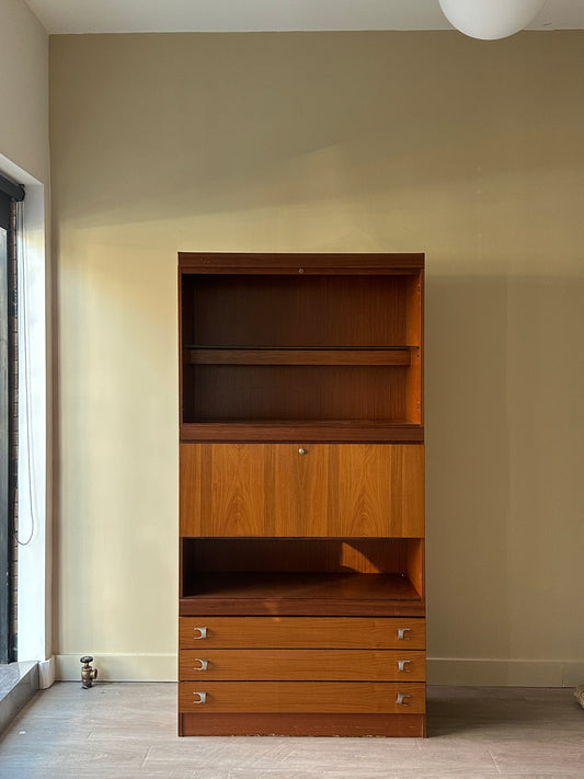 Walnut bookcase with drop down bar