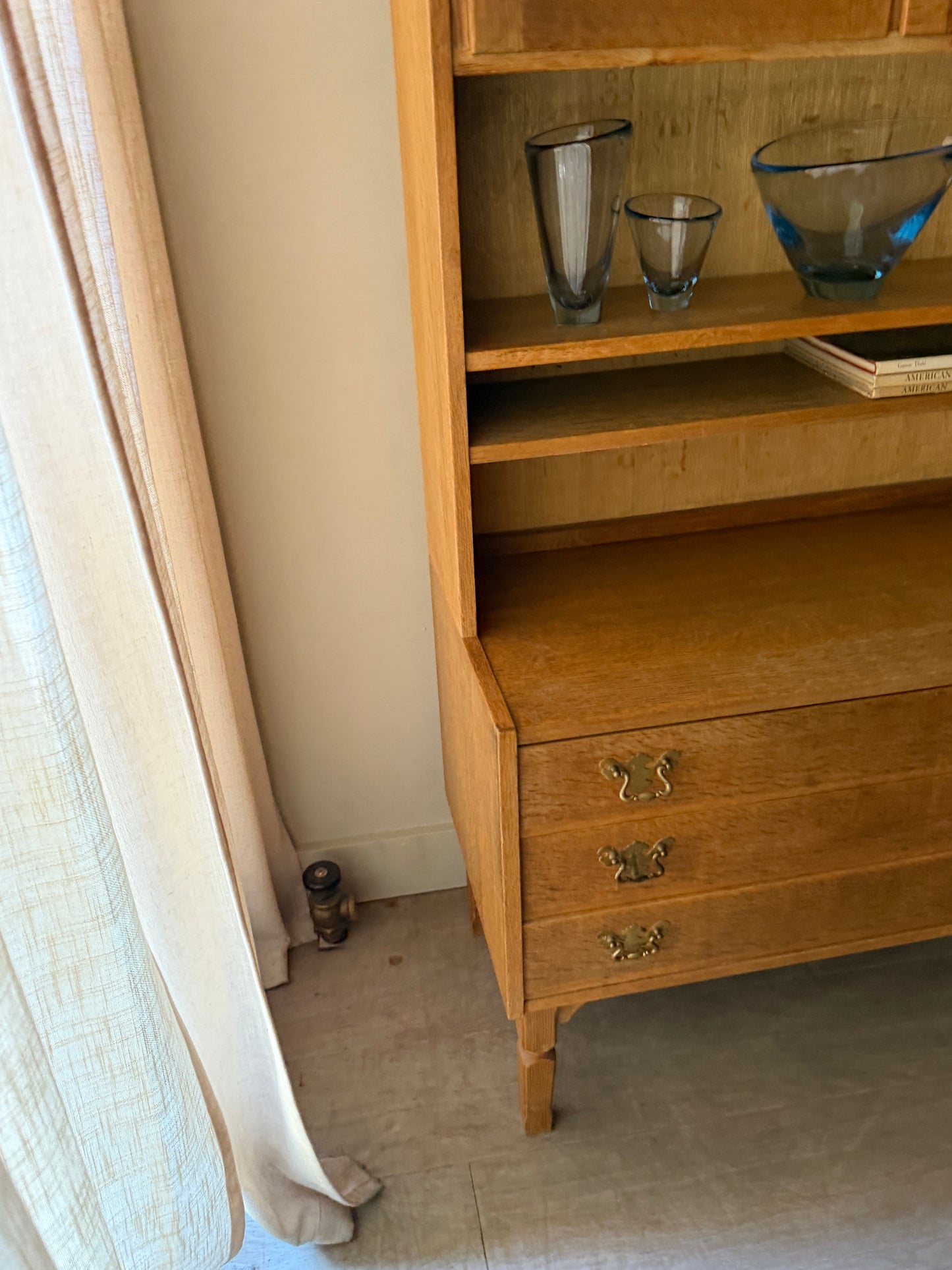 Danish oak & stained glass two piece hutch