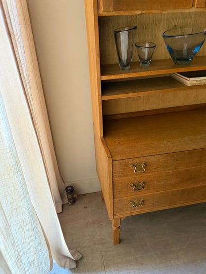 Danish oak & stained glass two piece hutch