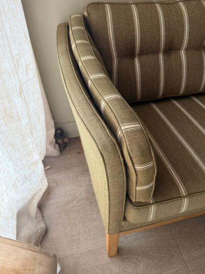 Danish green striped wool & oak sofa