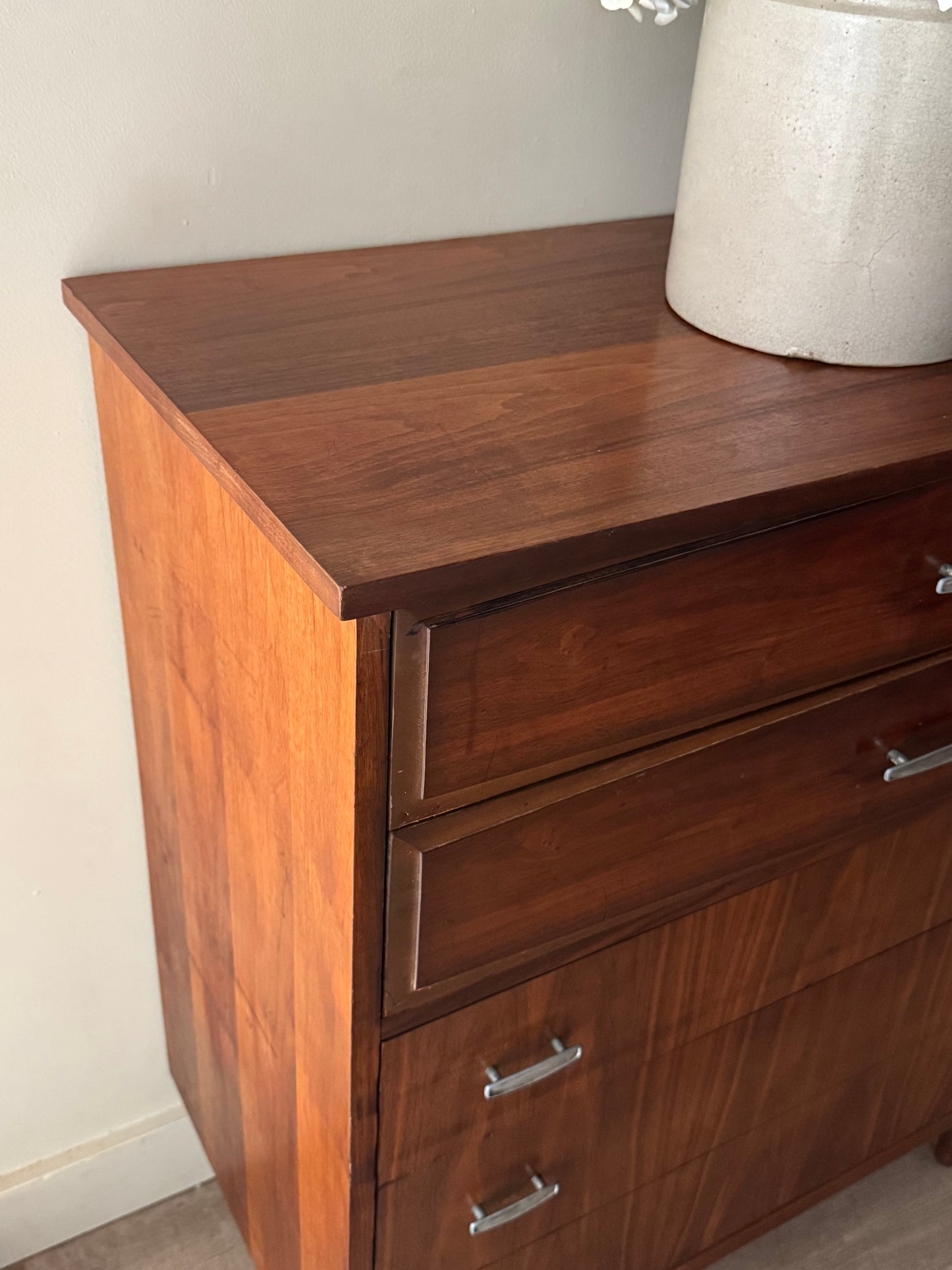 Walnut tallboy with chrome handles
